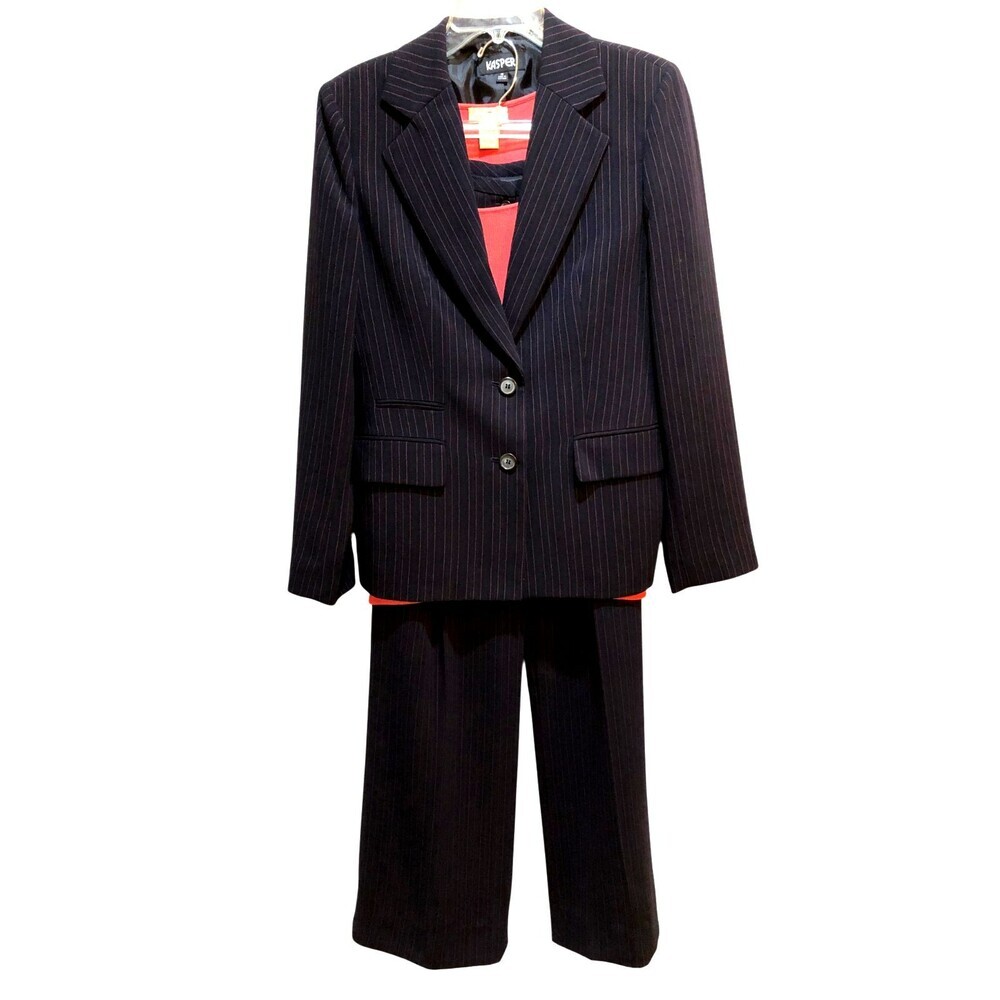 Kasper Womens Size 10 Navy Striped Blazer Jacket Tank Top Suit Pants 3 Piece Set